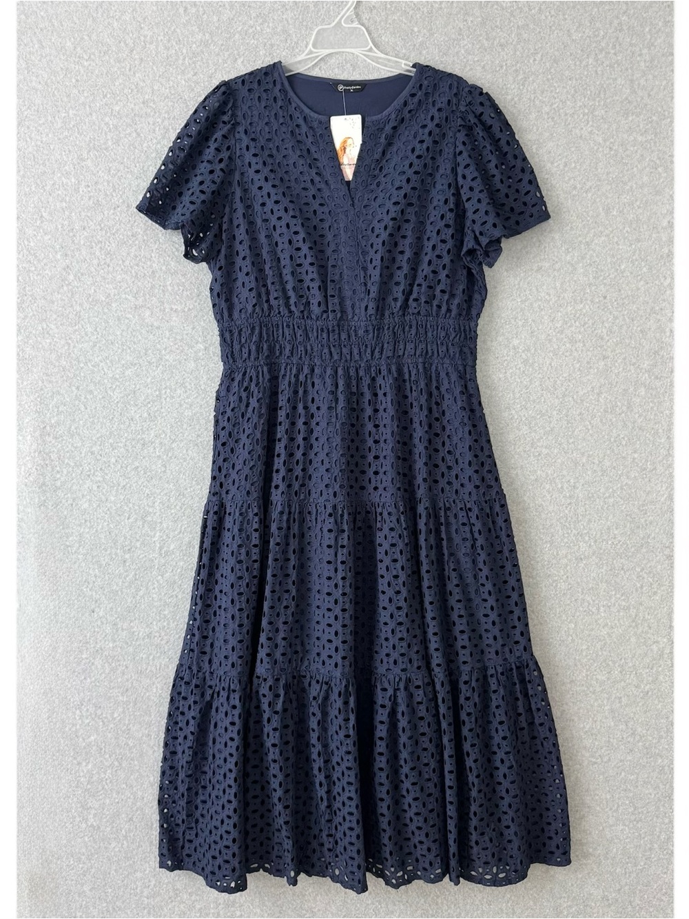 PrettyGarden Blue Eyelet Lace Midi Dress Womens XL V-Neck Boho Cottage NWT